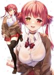  1girl alternate_costume bangs blazer blush breasts heterochromia highres hololive houshou_marine jacket large_breasts long_hair looking_at_viewer mouth_hold red_eyes red_hair ribbon rosuuri school_uniform shoes smile solo thighhighs twintails virtual_youtuber yellow_eyes 