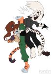  anthro breasts brown_hair dipstick_tail duo felid female fur hair hi_res kandlin kick long_hair mammal multicolored_tail orange_body orange_fur pantherine simple_background striped_body striped_fur stripes tiger white_background white_body white_fur white_hair 