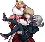  1boy 2girls andou_ruruka bangs beanie black_jacket black_skirt blonde_hair blue_eyes boots carrying coat commentary danganronpa_(series) danganronpa_3_(anime) english_commentary eyebrows_visible_through_hair frown fur-trimmed_jacket fur_trim gloves happy hat holding izayoi_sounosuke jacket kimura_seiko knee_boots ktokei_(kurokku-tokei) looking_at_another mask mouth_mask multiple_girls official_style pantyhose pink_footwear pink_hair pink_jacket princess_carry purple_gloves red_coat red_eyes shirt short_hair shorts simple_background skirt smile upper_teeth white_background white_footwear white_shirt yellow_shorts 