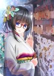  1girl :d bangs black_hair blue_eyes blurry blurry_background blush breasts commentary_request day depth_of_field ema eyebrows_visible_through_hair glasses hair_bun hair_ornament hand_up highres holding japanese_clothes kimono looking_at_viewer looking_to_the_side medium_breasts nekobaka obi open_mouth original outdoors red-framed_eyewear sash sidelocks smile solo upper_body white_kimono 