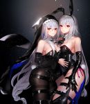  2girls :d absurdres animal_ears arknights ascot bangs bare_shoulders black_gloves black_legwear black_leotard black_neckwear blush breasts bunny_ears bunny_tail cleavage commentary_request cowboy_shot detached_collar detached_sleeves elbow_gloves eyebrows_visible_through_hair fake_animal_ears fake_tail gloves gradient gradient_background grey_background hair_between_eyes hand_on_own_thigh highres huge_filesize large_breasts latex_leotard leotard long_sleeves looking_at_viewer medium_breasts multiple_girls open_mouth pantyhose parted_lips playboy_bunny red_eyes ribbon-trimmed_leotard shiny shiny_clothes skadi_(arknights) smile specter_(arknights) strapless strapless_leotard tail thighband_pantyhose thighhighs yavalley 