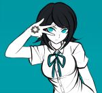  1girl aqua_background arm_at_side bangs black_hair blue_eyes blue_ribbon breasts closed_mouth collared_shirt danganronpa:_trigger_happy_havoc danganronpa_(series) dress_shirt expressionless hand_up ikusaba_mukuro ktokei_(kurokku-tokei) leaning_forward limited_palette looking_at_viewer neck_ribbon ribbon school_uniform shirt short_hair short_sleeves simple_background sketch solo spot_color upper_body w w_over_eye white_shirt 