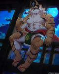  abs alcohol anthro asian_clothing beverage biceps cancerdoge clothed clothing drinking east_asian_clothing felid hi_res japanese_clothing kimono live-a-hero male mammal mask moon muscular muscular_anthro muscular_male night nipples pantherine partially_clothed pecs raiki sake superhero tiger 