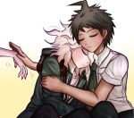  2boys bangs black_pants breast_pocket brown_eyes brown_hair closed_eyes coat collarbone commentary danganronpa_(series) danganronpa_2:_goodbye_despair green_coat grey_hair hair_between_eyes hinata_hajime hood hood_down hooded_coat hug komaeda_nagito ktokei_(kurokku-tokei) leaning_on_person looking_at_another medium_hair messy_hair motion_lines multiple_boys nail_polish necktie official_style on_shoulder open_clothes open_coat pants pocket print_shirt pushing_away red_nails shirt short_hair short_sleeves sleeping sleeping_upright upper_body 