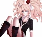  1girl bangs black_footwear black_shirt blue_eyes blush boots bow breasts bunny_hair_ornament cleavage collarbone commentary cosplay cross-laced_footwear danganronpa:_trigger_happy_havoc danganronpa_(series) enoshima_junko enoshima_junko_(cosplay) feet_out_of_frame freckles hair_bow hair_ornament ikusaba_mukuro knee_boots ktokei_(kurokku-tokei) lace-up_boots long_hair looking_at_viewer medium_breasts miniskirt nail_polish necktie pink_hair pleated_skirt red_bow red_nails red_skirt shirt simple_background sitting sketch skirt sleeves_rolled_up solo spoilers twintails white_background white_bow white_neckwear 
