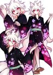  1boy :d alternate_eye_color animal_ears arm_up bangs black_kimono collarbone commentary danganronpa_(series) danganronpa_2:_goodbye_despair english_commentary floral_print fox_ears fox_tail full_body geta hair_between_eyes hand_up hands_up japanese_clothes kimono komaeda_nagito ktokei_(kurokku-tokei) long_sleeves looking_at_viewer male_focus medium_hair multiple_views obi official_style open_mouth pink_kimono print_kimono red_eyes sandals sash simple_background smile tail upper_teeth white_hair wide_sleeves 