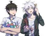  2boys ahoge brown_eyes brown_hair collarbone collared_shirt commentary_request crossed_arms danganronpa_(series) danganronpa_2:_goodbye_despair gacha green_eyes green_jacket grey_hair grey_shirt hair_between_eyes hand_up hinata_hajime holding holding_key hood hooded_jacket jacket key komaeda_nagito long_sleeves looking_at_another looking_up male_focus medium_hair multiple_boys open_clothes open_mouth print_shirt shaded_face shirt short_hair simple_background sweatdrop too_many upper_body upper_teeth white_background ziling 