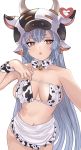  1girl animal_ears animal_print apron bangs bare_shoulders bell bikini blue_hair blush breasts brown_eyes cleavage cow_ears cow_girl cow_hat cow_horns cow_print detached_collar draph ear_piercing eyepatch_bikini frilled_apron frills granblue_fantasy highres horns iiros jingle_bell large_breasts long_hair looking_at_viewer navel open_mouth piercing pointy_ears shatola_(granblue_fantasy) swimsuit thighs waist_apron white_apron white_bikini 