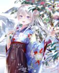  1girl 2020 9a-91_(girls_frontline) absurdres bangs blush brown_hakama commentary_request dated_commentary day duplicate eyebrows_visible_through_hair floral_print flower girls_frontline hair_between_eyes hair_flower hair_ornament hakama highres japanese_clothes kimono long_hair new_year open_mouth outdoors pink_flower ponytail pottsness signature silver_hair snow snowing solo wide_sleeves 