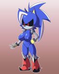  anthro big_breasts black_sclera blue_body boots breasts clothing crossgender eulipotyphlan female footwear fours_(artist) genitals hair hand_on_hip hedgehog hi_res machine mammal metal_sonic neo_metal_sonic ponytail pussy red_eyes robot short_stack solo sonic_the_hedgehog_(series) 