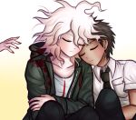  2boys bangs black_pants breast_pocket brown_hair closed_eyes coat collarbone commentary danganronpa_(series) danganronpa_2:_goodbye_despair green_coat grey_hair hair_between_eyes hinata_hajime komaeda_nagito ktokei_(kurokku-tokei) leaning_on_person medium_hair messy_hair multiple_boys nail_polish necktie official_style on_shoulder open_clothes open_coat pants pocket print_shirt reaching red_nails shirt short_hair short_sleeves sleeping sleeping_upright upper_body 