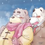  2021 anthro blush brown_body brown_fur clothing duo eyes_closed eyewear fur glasses hand_holding kemono male male/male mammal necktie outside overweight overweight_male scarf shirt snow snowing sweater topwear toshi_(artist) ursid white_body white_fur 