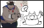  2021 anthro belly bovid bovine cattle chisa_sa clothed clothing humanoid_hands japanese_text kemono male mammal moobs nipples overweight overweight_anthro overweight_male solo text 