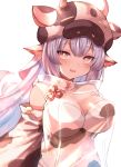  1girl animal_ears animal_print bangs bare_shoulders bikini blue_hair blush breasts cleavage cow_ears cow_girl cow_hat cow_horns cow_print detached_collar detached_sleeves draph ear_piercing granblue_fantasy haco_mori highres horns large_breasts long_hair looking_at_viewer navel open_mouth piercing pointy_ears purple_eyes shatola_(granblue_fantasy) sheer_clothes smile swimsuit thighs white_bikini wide_sleeves 