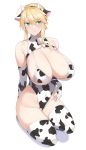  1girl 2021 absurdres ahoge animal_ears animal_print aqua_eyes artoria_pendragon_(all) artoria_pendragon_(lancer) bell bikini blonde_hair blush breasts closed_mouth covered_navel cow_ears cow_horns cow_print ear_tag elbow_gloves enosan eyebrows_visible_through_hair fake_horns fate/grand_order fate_(series) full_body gloves hair_between_eyes highres horns huge_breasts leotard short_hair simple_background sitting solo swimsuit thighhighs wariza white_background white_gloves white_legwear 