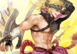  1boy abs axe bandages bare_pecs battle_axe blonde_hair blue_eyes changye chest_harness fate/grand_order fate_(series) fingerless_gloves gloves harness headband heian_warrior_attire_(fate/grand_order) muscular muscular_male navel nipple_slip nipples official_alternate_costume over_shoulder pectorals sakata_kintoki_(fate/grand_order) single_bare_shoulder single_sleeve smile spiked_hair tied_hair weapon weapon_over_shoulder 