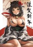  1girl 2021 alcohol animal_ears animal_print bangs bare_shoulders bell bikini bikini_top black_hair blush breasts chinese_zodiac cleavage commentary_request cow_ears cow_girl cow_horns cow_print cowbell cup flower green_eyes hair_flower hair_ornament holding horns japanese_clothes kimono large_breasts long_sleeves looking_at_viewer micro_bikini nail_polish new_year obi off_shoulder original parted_lips sakazuki sash short_hair sitting skindentation smile solo string_bikini swimsuit toka_(marchlizard) translation_request wide_sleeves year_of_the_ox 