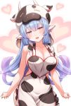 1girl animal_ears animal_print apron bangs bare_shoulders blue_hair blush breasts cleavage cow_ears cow_girl cow_hat cow_horns cow_print detached_collar draph ear_piercing granblue_fantasy heart highres horns large_breasts long_hair looking_at_viewer naked_apron open_mouth piercing pointy_ears shatola_(granblue_fantasy) smile thighs tomo_(tmtm_mf_mf) yellow_eyes 