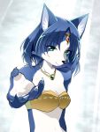  1girl :3 animal_ear_fluff animal_ears animal_nose aqua_eyes arm_up bandeau bangs bare_shoulders blue_background blue_fur blue_hair body_fur breasts circlet claws cleavage closed_mouth collarbone commentary_request crystal emerald_(gemstone) eyebrows_visible_through_hair fox_ears fox_girl furry gem gold happy highres jewelry jpeg_artifacts krystal light_rays looking_at_viewer mixed-language_commentary namagaki_yukina navel necklace reaching_out ruby_(gemstone) shiny shiny_hair short_hair simple_background small_breasts smile snout solo standing star_fox stomach tribal two-tone_fur upper_body white_fur 