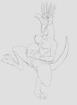  anthro avian bird bird_wyvern bouncing_breasts breasts capcom digitigrade egg female fours_(artist) genitals happy hi_res holding_object kulu-ya-ku looking_away monster_hunter non-mammal_breasts on_one_leg pussy solo standing video_games 