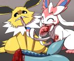  ambiguous_gender blood bodily_fluids body_parts creepy_face cruelty duo eeveelution feral fish_tail food gore hi_res hisashino impending_doom jolteon knife nintendo open_mouth pink_body pok&eacute;mon pok&eacute;mon_(species) scared sylveon threatening video_games white_body yellow_body 