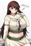  1girl blush breasts brown_eyes brown_hair commentary_request cowboy_shot eyebrows_visible_through_hair highres huge_breasts jewelry kantai_collection konoshige_(ryuun) long_hair long_sleeves looking_at_viewer midriff miniskirt navel ooi_(kantai_collection) remodel_(kantai_collection) ring school_uniform serafuku simple_background sitting skirt solo translation_request very_long_hair white_background 