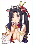  1girl agnamore animal_ears armor bell black_hair blue_eyes breasts cleavage cow_ears cow_horns cream eyeliner fake_animal_ears fate/grand_order fate_(series) highres horns long_hair looking_at_viewer makeup one_eye_closed revealing_clothes side_ponytail simple_background solo tongue tongue_out ushiwakamaru_(fate/grand_order) white_background 