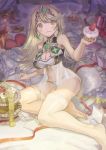  1girl bed blonde_hair breasts cake cleavage cleavage_cutout clothing_cutout food fujie-yz highres large_breasts mythra_(xenoblade) panties solo sweets underwear xenoblade_chronicles_(series) xenoblade_chronicles_2 yellow_eyes 