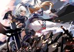  2girls absurdres battle blonde_hair blush braid breasts cleavage dark_skin dark_skinned_female elf green_eyes highres hololive large_breasts long_hair looking_at_viewer multiple_girls pointy_ears shiranui_flare shirogane_noel short_hair silver_hair sword trap_(drthumt) virtual_youtuber weapon 