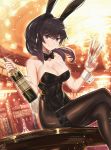  1girl animal_ears backlighting bare_shoulders black_bow black_hair black_hairband black_leotard black_neckwear borrowed_character bottle bow bowtie breasts brown_legwear bunny_ears bunny_tail casino champagne_bottle champagne_flute cleavage closed_mouth commission covered_navel crossed_legs cup detached_collar drinking_glass fake_animal_ears fake_tail feet_out_of_frame fumafu gradient_hair hairband highres holding holding_bottle holding_cup indoors large_breasts leotard looking_at_viewer multicolored_hair on_table original pantyhose playboy_bunny poker_chip purple_eyes purple_hair sitting smile solo strapless strapless_leotard table tail thigh_strap wrist_cuffs 
