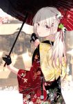  1girl bangs black_gloves black_kimono blurry blurry_background braid closed_mouth commentary_request depth_of_field eyebrows_visible_through_hair floral_print flower gloves hair_between_eyes hair_flower hair_ornament half_gloves highres holding holding_umbrella japanese_clothes kimono long_hair long_sleeves looking_at_viewer looking_to_the_side obi oil-paper_umbrella original print_kimono purple_eyes red_flower red_kimono red_rose rose sasahara_wakaba sash solo tongue tongue_out umbrella white_hair wide_sleeves 