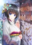  1girl :d bangs black_hair blue_eyes blurry blurry_background blush breasts day depth_of_field ema eyebrows_visible_through_hair hair_bun hair_ornament hand_up highres holding japanese_clothes kimono looking_at_viewer looking_to_the_side medium_breasts nekobaka obi open_mouth original outdoors sash sidelocks smile solo upper_body white_kimono 
