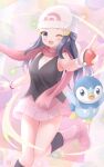  1girl ;d beanie black_hair black_legwear black_shirt blush boots bracelet commentary_request dawn_(pokemon) eyelashes floating_scarf grey_eyes hair_ornament hairclip hand_up hat highres holding holding_poke_ball jewelry leg_up long_hair one_eye_closed open_mouth pink_footwear pink_skirt piplup poke_ball poke_ball_(basic) pokemon pokemon_(creature) pokemon_(game) pokemon_dppt red_scarf scarf shirt sidelocks skirt sleeveless sleeveless_shirt smile socks tongue tsudatchi white_headwear 