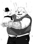  2021 anthro blush bottomwear clothing eyes_closed hi_res japanese_text kemono male mammal overweight overweight_anthro overweight_male pants scarf shintatokoro simple_background snowman solo sweater text topwear ursid white_background 