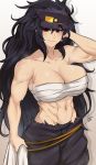  1girl abs airisubaka baggy_pants banchou bare_shoulders black_hair black_pants breasts daidouji_(senran_kagura) delinquent hat highres large_breasts long_hair messy_hair mole mole_under_eye muscular muscular_female pants red_eyes sarashi senran_kagura smile sweat white_background 