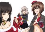  3girls bangs bell bell_choker bikini black_choker black_eyes black_hair black_skirt blue_eyes blunt_bangs brown_eyes brown_hair choker christmas closed_mouth commentary_request cup dress_shirt eyebrows_visible_through_hair fur-trimmed_shirt fur_trim gift girls_und_panzer girls_und_panzer_senshadou_daisakusen! gloom_(expression) gloves grey_shirt hat hat_removed headwear_removed holding holding_bikini holding_clothes holding_cup holding_gift holding_hat itsumi_erika key_(gaigaigai123) kuromorimine_school_uniform long_hair long_sleeves looking_at_another medium_hair messy_hair mini_hat miniskirt mother_and_daughter multiple_girls navel nishizumi_maho nishizumi_shiho off-shoulder_shirt off_shoulder one_eye_closed ooarai_school_uniform open_mouth pleated_skirt red_bikini red_gloves red_headwear red_shirt santa_bikini santa_gloves santa_hat school_uniform shirt shirt_on_shoulders short_hair siblings silver_hair sisters skirt smile standing sweatdrop swimsuit white_background wing_collar 