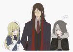  1boy 2girls :d bangs black_capelet black_hair black_jacket blonde_hair blue_capelet blue_eyes blush capelet chiri_to_mato closed_eyes commentary_request cowboy_shot dated diagonal-striped_neckwear diagonal_stripes eyebrows_visible_through_hair fate_(series) formal fur_trim gloves gray_(lord_el-melloi_ii) grey_hair hand_on_hip highres hood hood_up jacket long_hair long_sleeves looking_at_another lord_el-melloi_ii lord_el-melloi_ii_case_files multiple_girls necktie open_mouth red_scarf reines_el-melloi_archisorte scarf signature simple_background smile striped striped_neckwear sweatdrop upper_body waver_velvet white_background white_headwear 