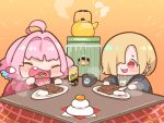  2girls blonde_hair blush chibi cropped drink fang food fruit gradient idolmaster idolmaster_cinderella_girls japanese_clothes kotatsu orange orange_(fruit) pink_hair red_eyes shirasaka_koume short_hair takatoo_kurosuke yumemi_riamu 