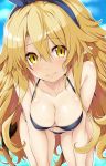  1girl bikini blonde_hair breasts cat_tail disgaea hair_ornament hair_ribbon hairband highres iwashi_dorobou_-r- large_breasts leaning_forward liezerota long_hair looking_at_viewer makai_senki_disgaea_5 pointy_ears ribbon slit_pupils smile solo swimsuit tail very_long_hair yellow_eyes 