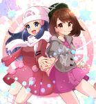  2girls :d bangs beanie black_hair blush bob_cut brown_eyes brown_hair buttons cable_knit cardigan closed_mouth coat collared_dress commentary_request dawn_(pokemon) dress eyelashes gloria_(pokemon) green_headwear grey_cardigan grey_eyes hair_ornament hairclip haru_(haruxxe) hat highres holding_hands hooded_cardigan long_hair long_sleeves looking_at_viewer multiple_girls open_mouth over-kneehighs pink_dress pokemon pokemon_(game) pokemon_dppt pokemon_platinum pokemon_swsh red_coat scarf short_hair sidelocks smile split_mouth star_(symbol) tam_o&#039;_shanter thighhighs tongue white_headwear white_legwear white_scarf 