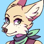  1:1 2018 angelasamshi anthro bandanna blue_background canid canine cheek_tuft eyebrows eyelashes facial_tuft fara_phoenix female fennec fox freckles fur green_eyes head_tuft inner_ear_fluff kerchief looking_aside mammal nintendo simple_background smile solo star_fox tan_body tan_fur tuft video_games 