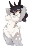  1girl armpits arms_behind_head black_hair body_fur breasts completely_nude fur furry highres horns large_breasts long_hair looking_at_viewer navel nude open_mouth orange_hair original pussy simple_background slugbox solo tail thighs white_background 
