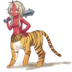  1girl blonde_hair breasts centauroid club full_body hair_over_breasts hand_on_hip holding holding_weapon horns long_hair looking_at_viewer medium_breasts meltyhip monster_girl navel oni oni_horns open_mouth orange_eyes original simple_background single_horn sketch slit_pupils solo spiked_club tail tiger topless weapon white_background 