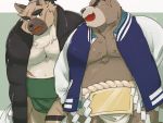  2021 anthro ashigara belly black_nose brown_body brown_fur canid canine canis cddi_h clothing domestic_dog duo eyes_closed fur kemono male mammal moobs overweight overweight_male scar sumo sweater tokyo_afterschool_summoners topwear ursid video_games yasuyori 