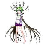 1girl barefoot closed_mouth full_body green_hair highres horns looking_at_viewer meltyhip monster_girl original oversized_forearms oversized_limbs plant_girl purple_eyes purple_shorts short_hair shorts solo transparent_background 