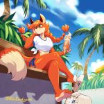  5_toes anthro barefoot breasts canid canine claws clothed clothing cloud crossed_legs dessert dipstick_tail feet female food footwear fox freckles green_eyes hi_res ice_cream kittbetelgeuse mammal multicolored_tail outside palm_tree patty_foxy plant shoes sitting sky solo toe_claws toes tree 