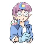  1990s_(style) 1girl arara_cocoa crescent crescent_hair_ornament earrings freckles glasses gloves hair_ornament jewelry medium_hair ng_knight_lamune_&amp;_40 open_mouth pointy_ears purple_hair simple_background ueyama_michirou 