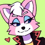  1:1 2018 angelasamshi anthro blue_eyes cheek_tuft clothing domestic_cat eyebrows eyelashes eyeshadow facial_tuft felid feline felis female fur green_background hair head_tuft jacket katt_monroe looking_aside makeup mammal nintendo pink_body pink_fur simple_background smile solo star_fox topwear tuft video_games white_body white_fur white_hair white_inner_ear 