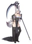  1girl animal_ear_fluff animal_ears bare_shoulders black_choker black_gloves black_legwear bow_(bhp) breasts bridal_gauntlets choker cleavage closed_mouth commission elbow_gloves fox_ears fox_tail full_body gloves grey_hair hair_between_eyes hand_on_hip hand_up holding holding_scythe holding_weapon large_breasts long_hair looking_at_viewer mole mole_under_eye original panty_straps pelvic_curtain red_eyes scythe simple_background smile solo standing tail thighhighs underbust waist_cape weapon white_background 