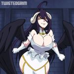  1:1 albedo_(overlord) animated big_breasts bouncing_breasts breasts clothed clothing demon demon_humanoid female horn horned_humanoid humanoid looking_at_viewer overlord_(series) short_playtime solo twistedgrimtv winged_humanoid wings 
